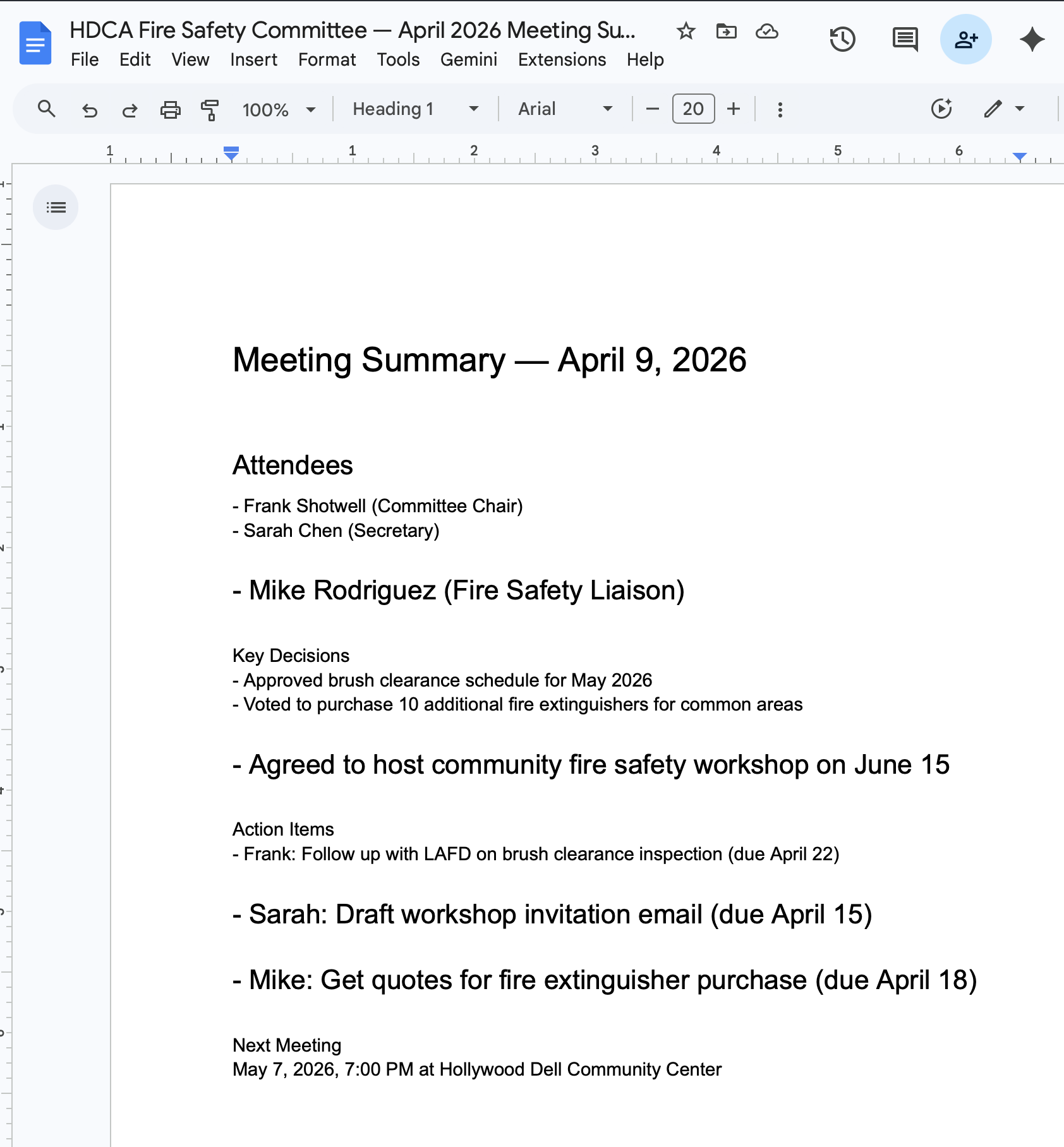 Meeting summary with inconsistent formatting