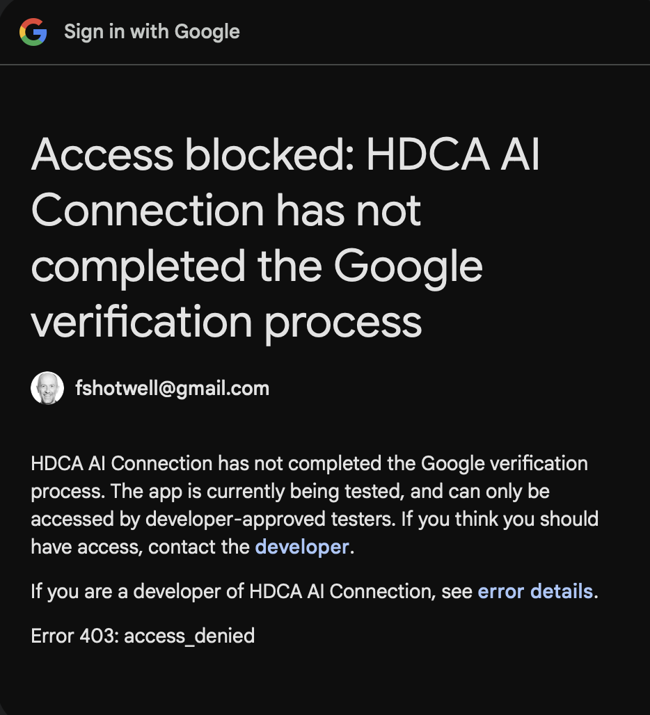 Access blocked because no test user was added