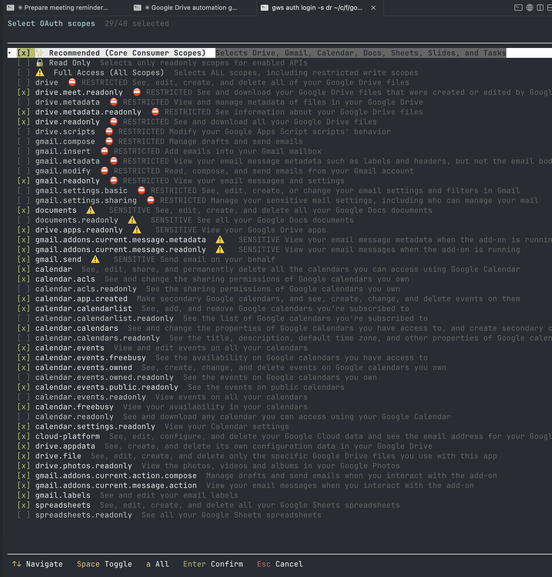 The scope picker showing 48 OAuth scopes