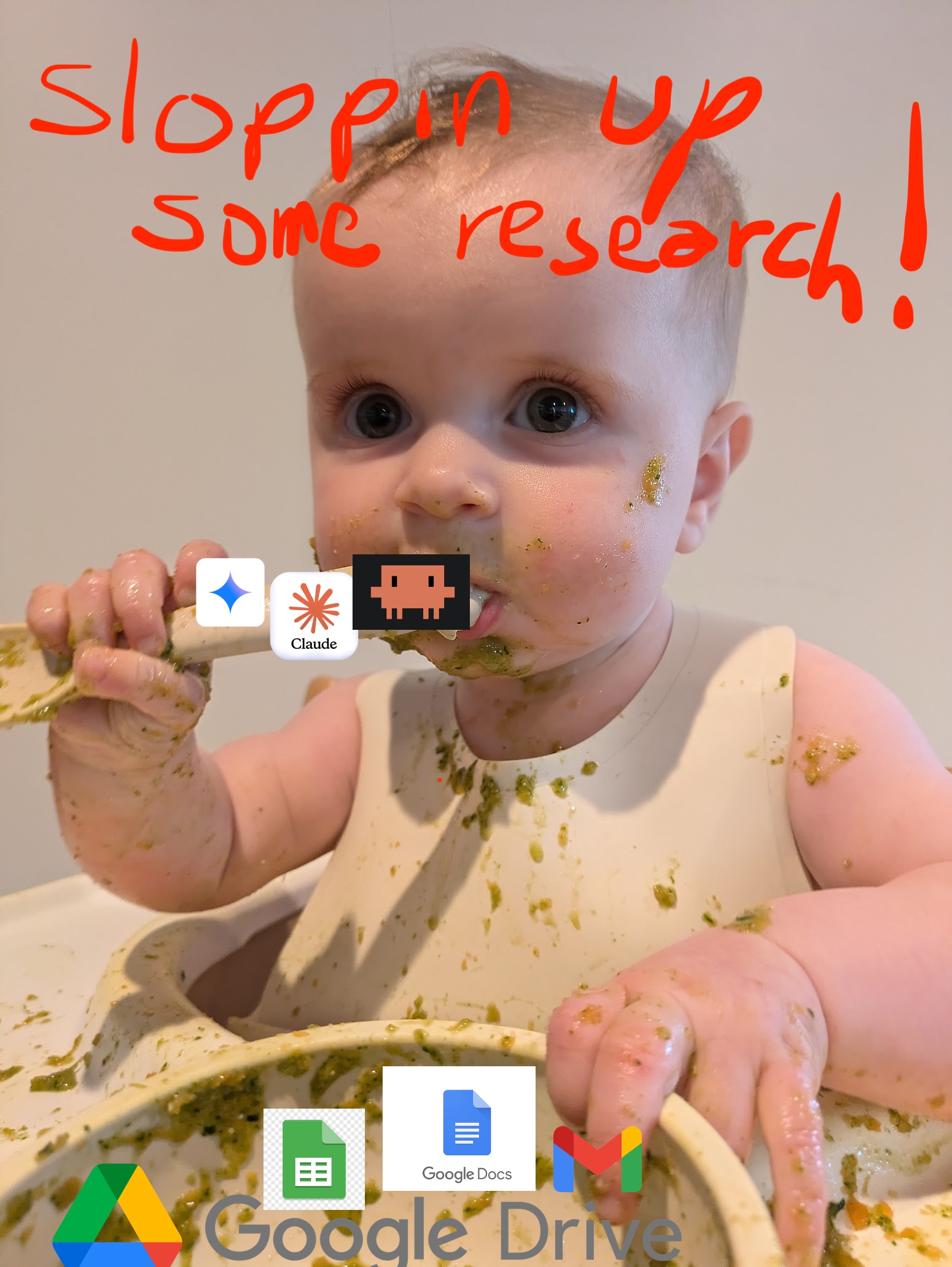 Baby covered with sloppy food, with Claude/Gemini/ClaudeCode ai-logoed spoon and Google Workspace logoed bowl.