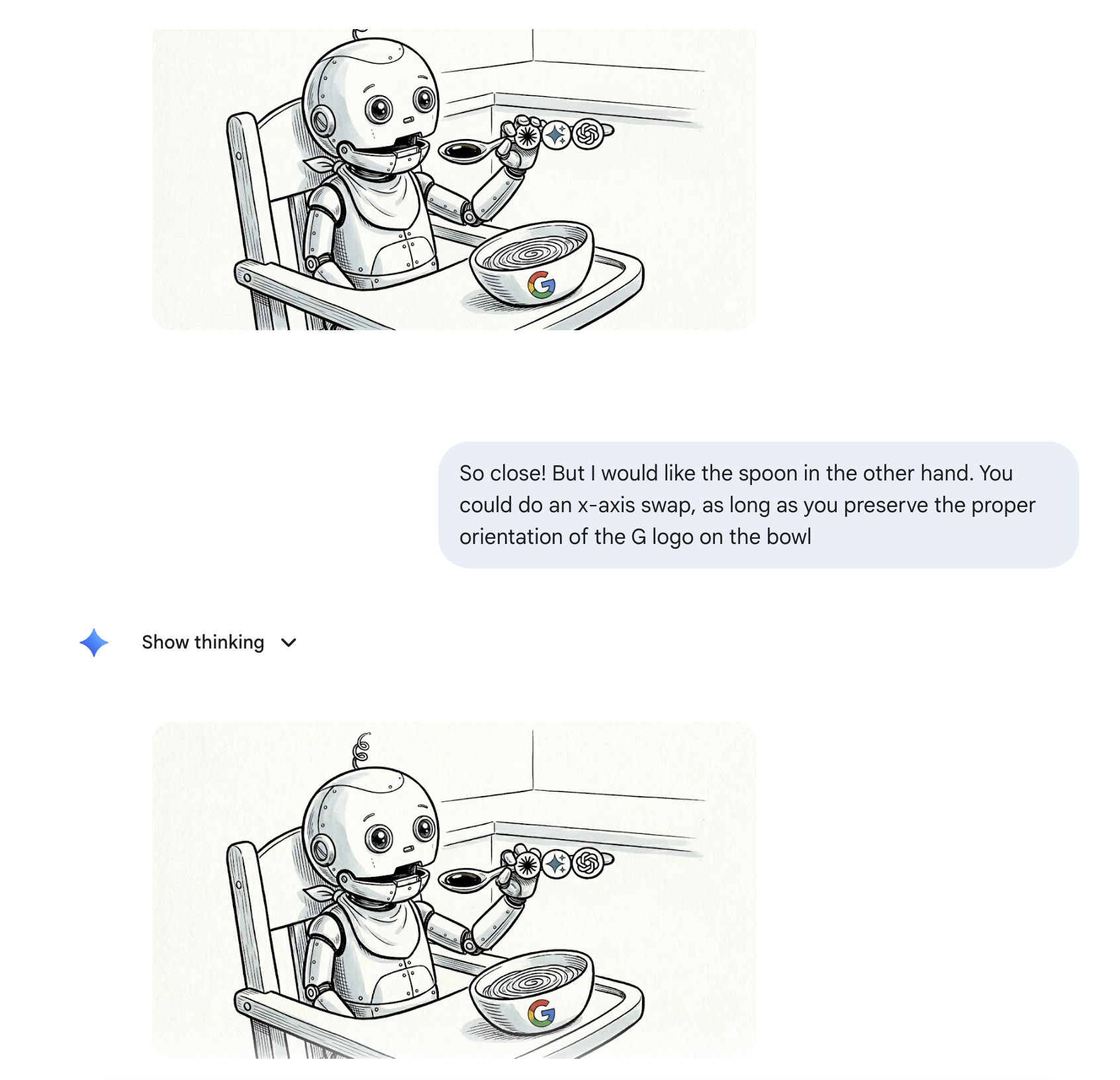 Gemini chat screenshot showing two nearly identical robot-baby images despite a request to swap the spoon to the other hand