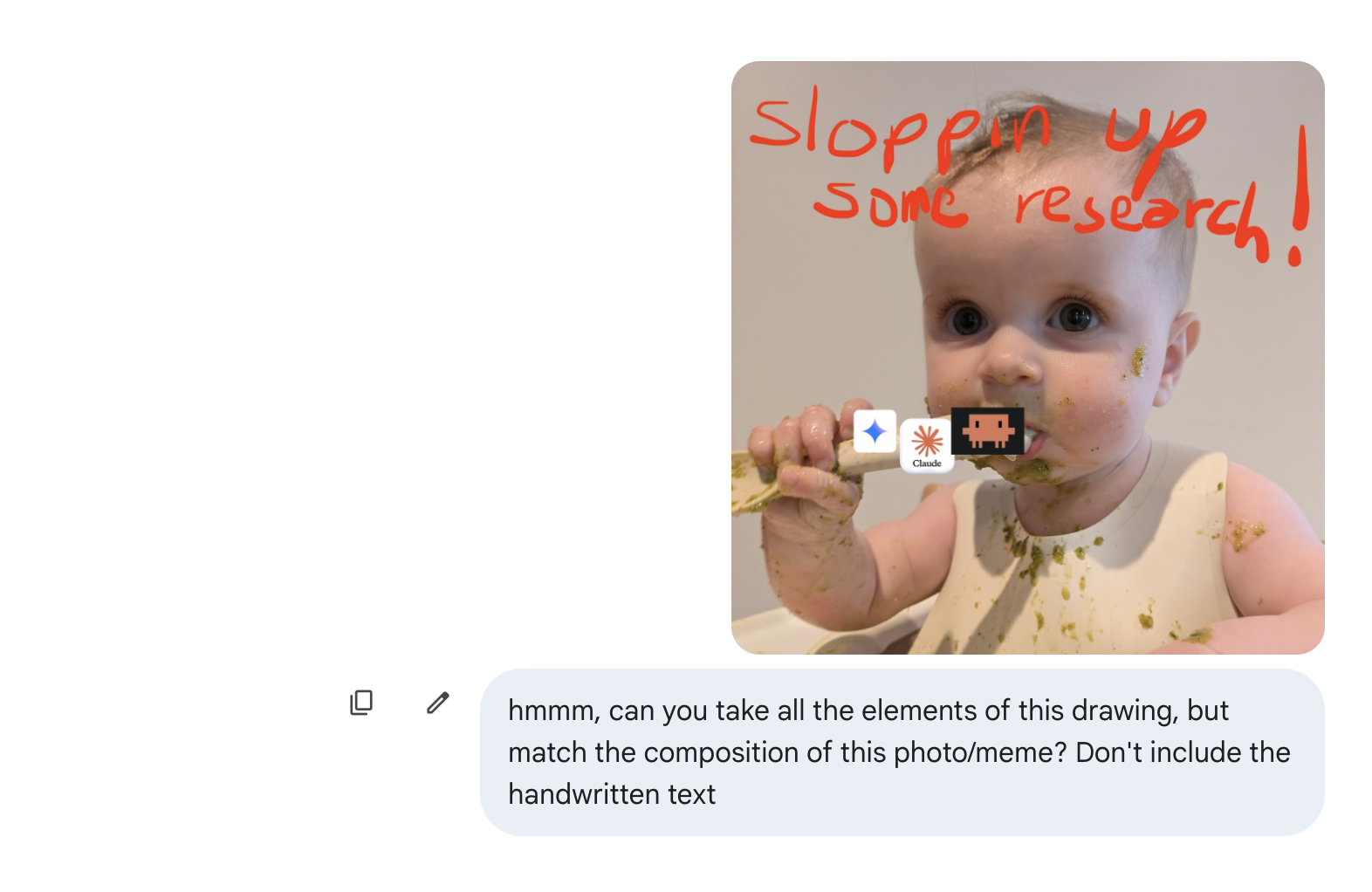 Gemini chat screenshot showing the v1 research-slop baby photo and a prompt asking nano banana to match its composition