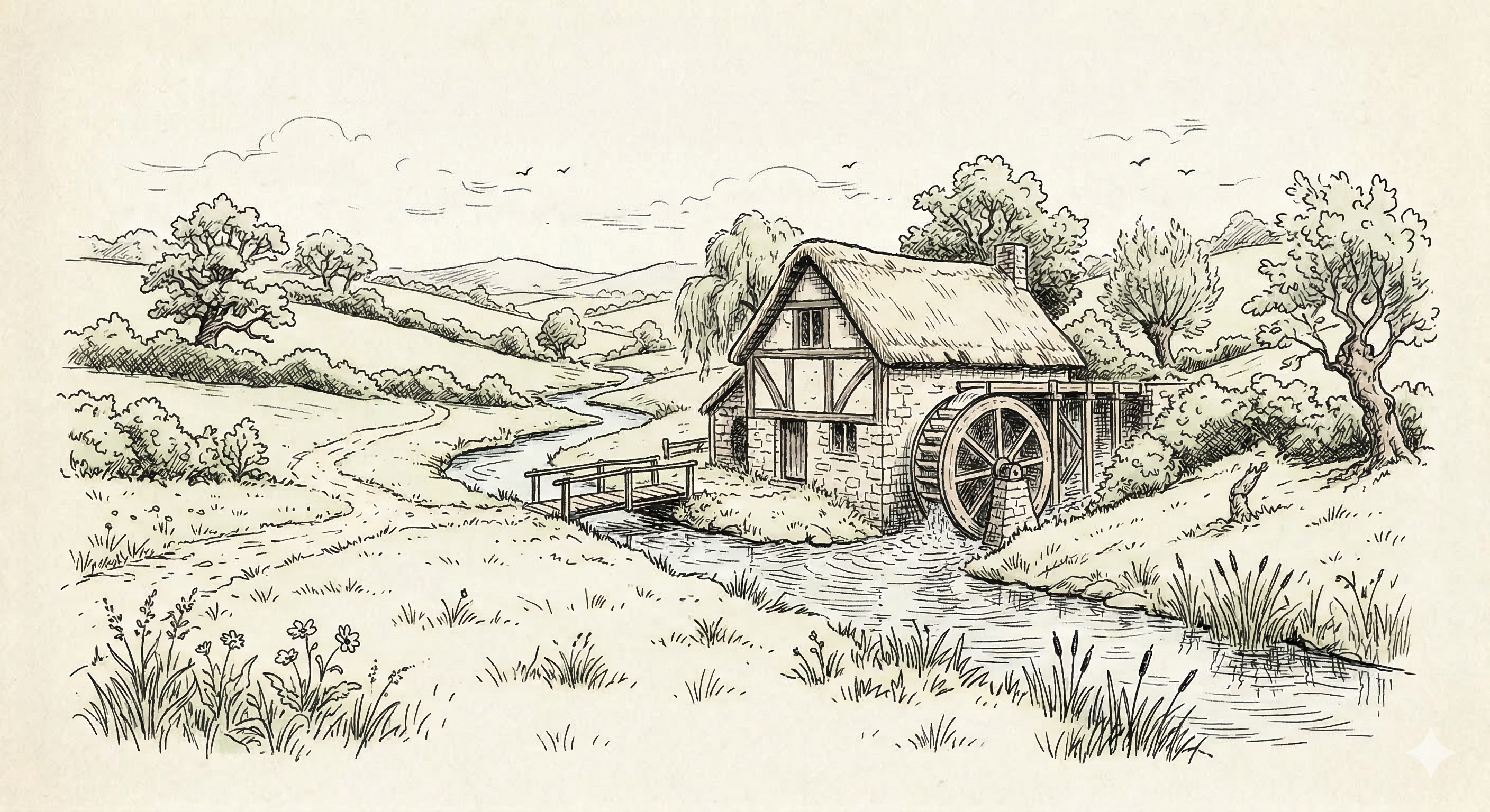 A country landscape with a stream and a mill